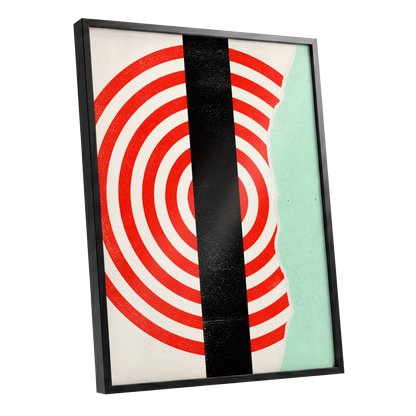 Interrupted Orbit, red, black, green minimalist wall art shown as a black framed poster wall art print