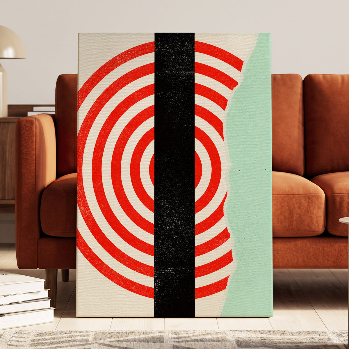 Interrupted Orbit, red, black, green minimalist wall art on canvas displayed in a styled interior, gallery view 1