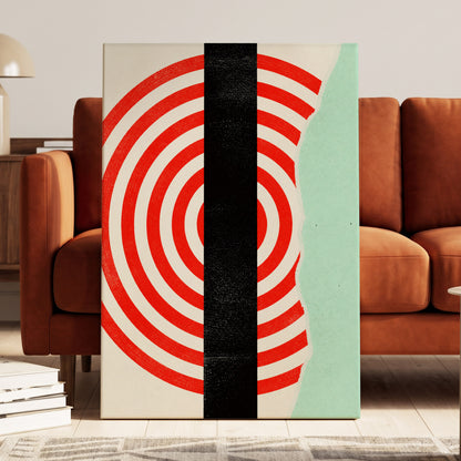 Interrupted Orbit, red, black, green minimalist wall art on canvas displayed in a styled interior, gallery view 1