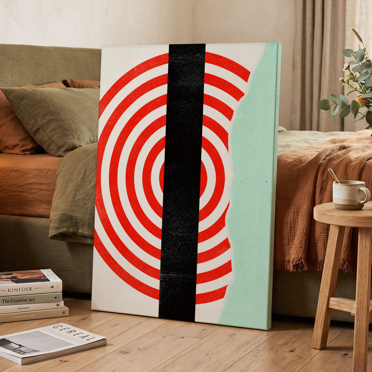 Interrupted Orbit, red, black, green minimalist wall art on canvas displayed in a styled interior, gallery view 2