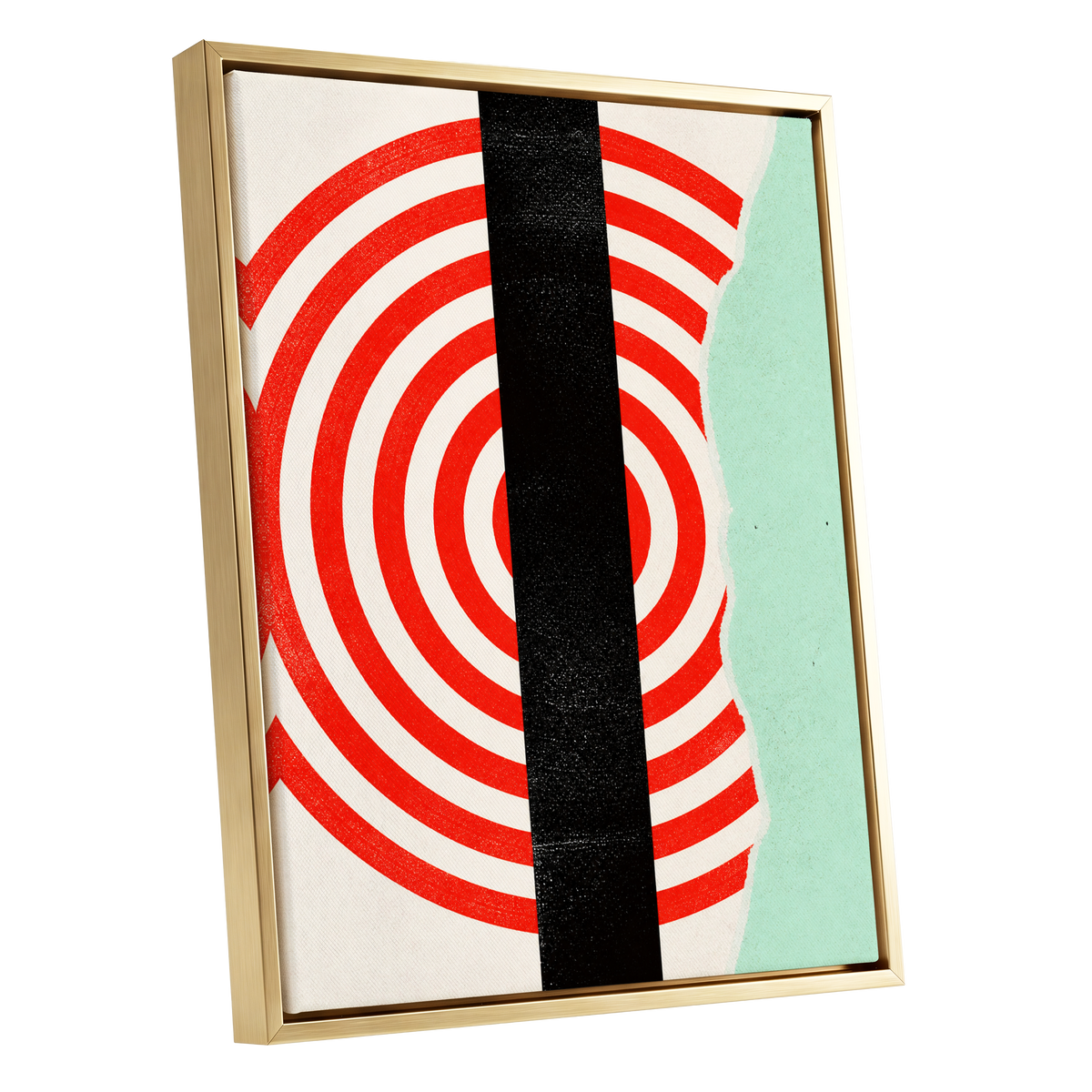 Interrupted Orbit, red, black, green minimalist wall art shown as a gold framed canvas wall art