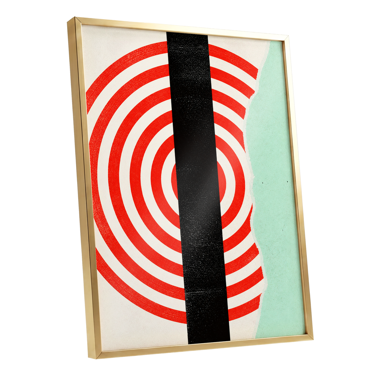 Interrupted Orbit, red, black, green minimalist wall art shown as a gold framed poster wall art print