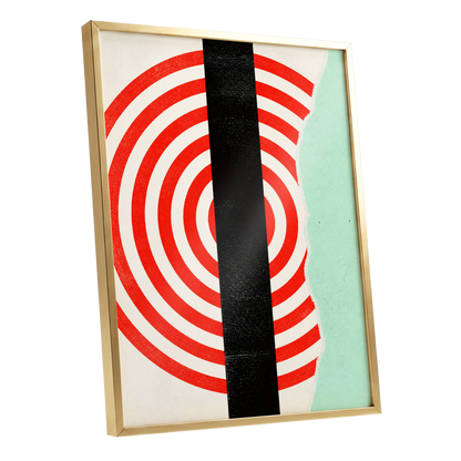 Interrupted Orbit, red, black, green minimalist wall art shown as a gold framed poster wall art print