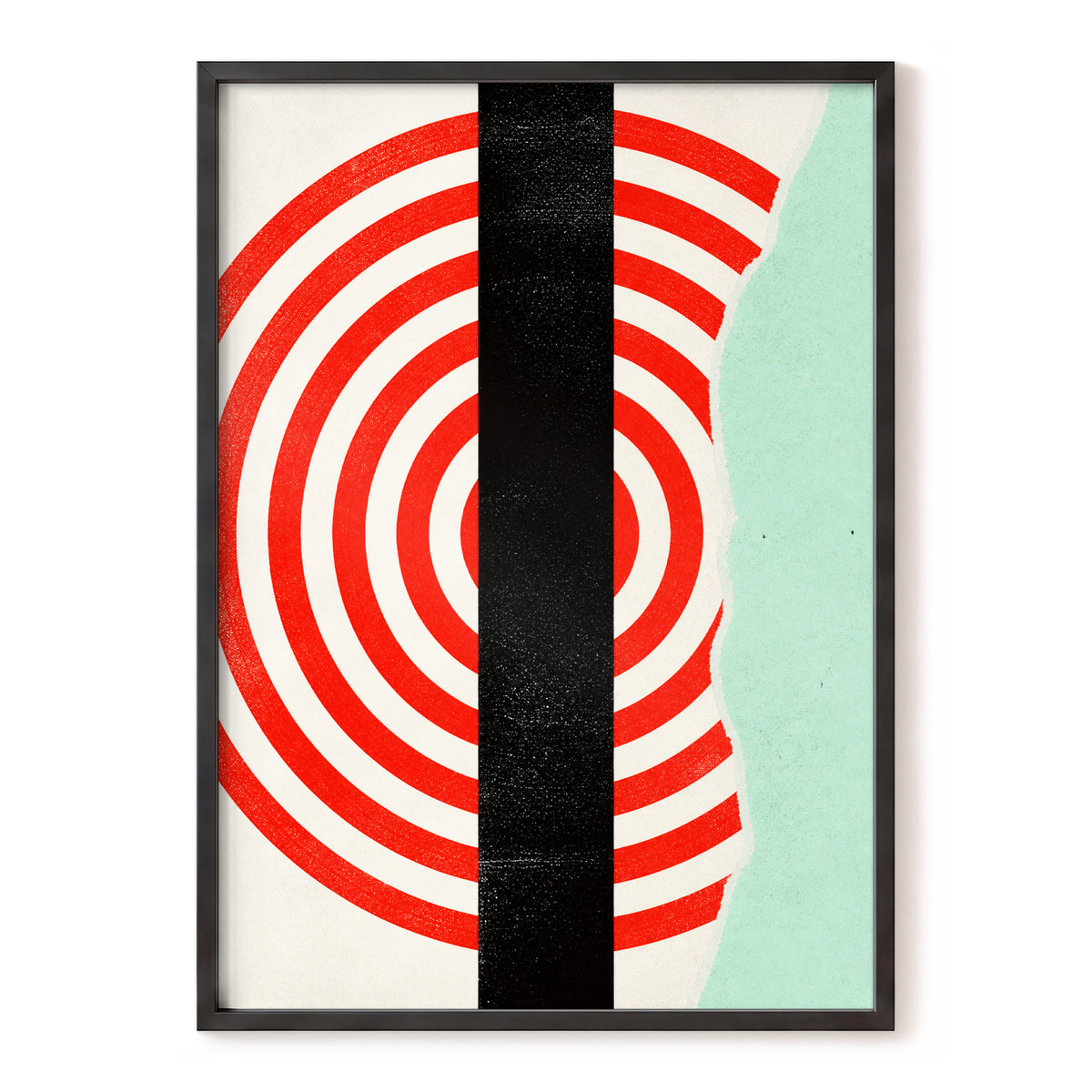 Interrupted Orbit, red, black, green minimalist wall art, front artwork view
