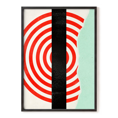 Interrupted Orbit, red, black, green minimalist wall art, front artwork view