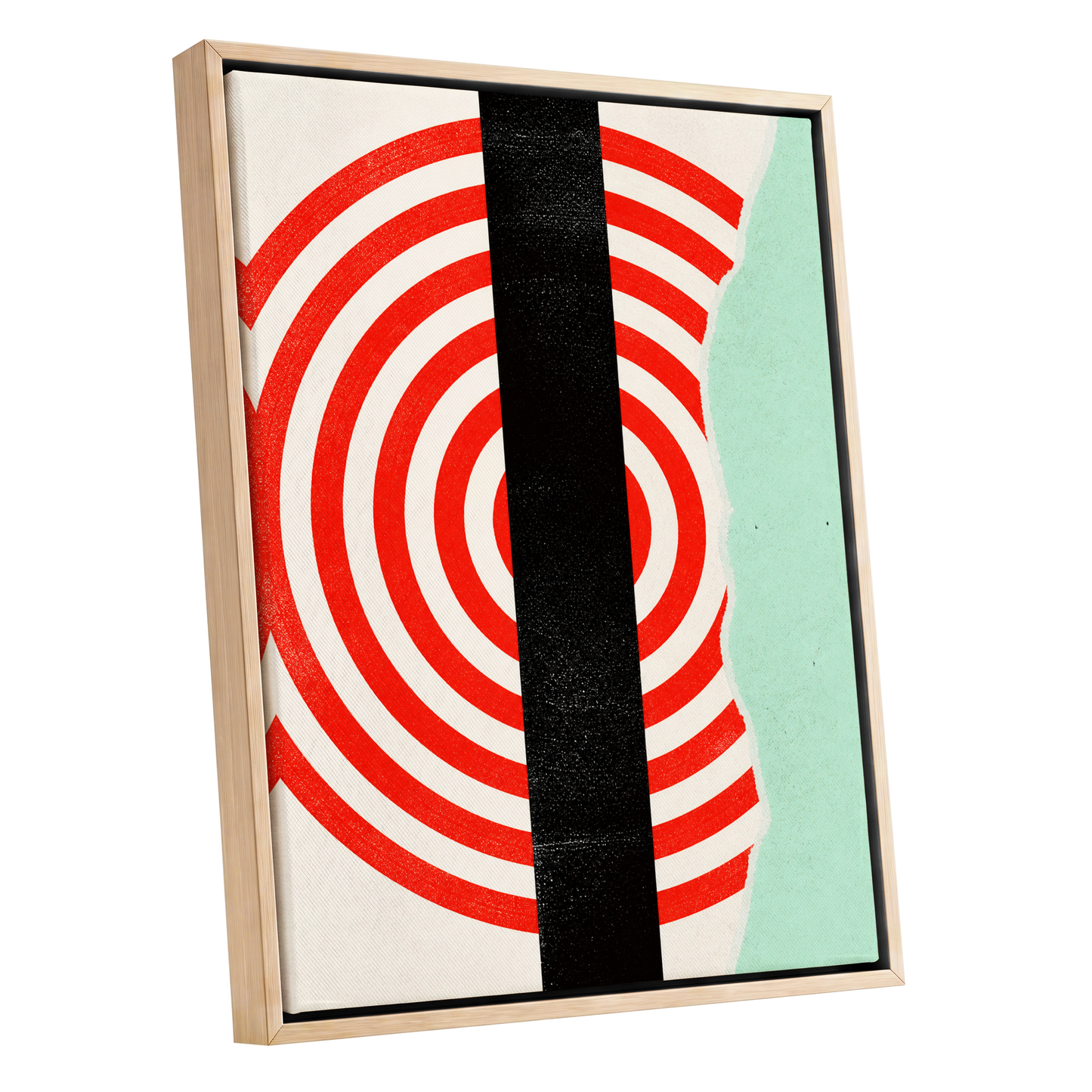 Interrupted Orbit, red, black, green minimalist wall art shown as a oak framed canvas wall art