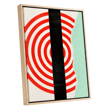 Interrupted Orbit, red, black, green minimalist wall art shown as a oak framed canvas wall art