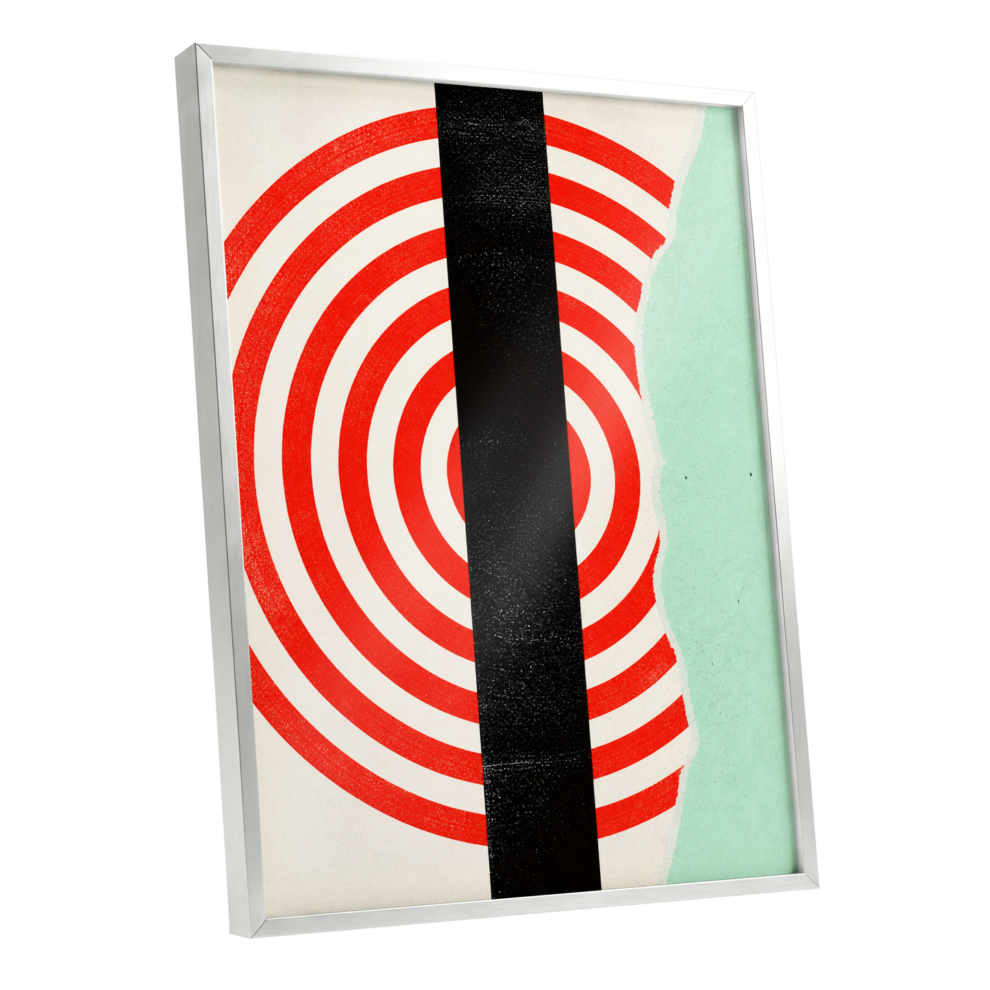 Interrupted Orbit, red, black, green minimalist wall art shown as a silver framed poster wall art print