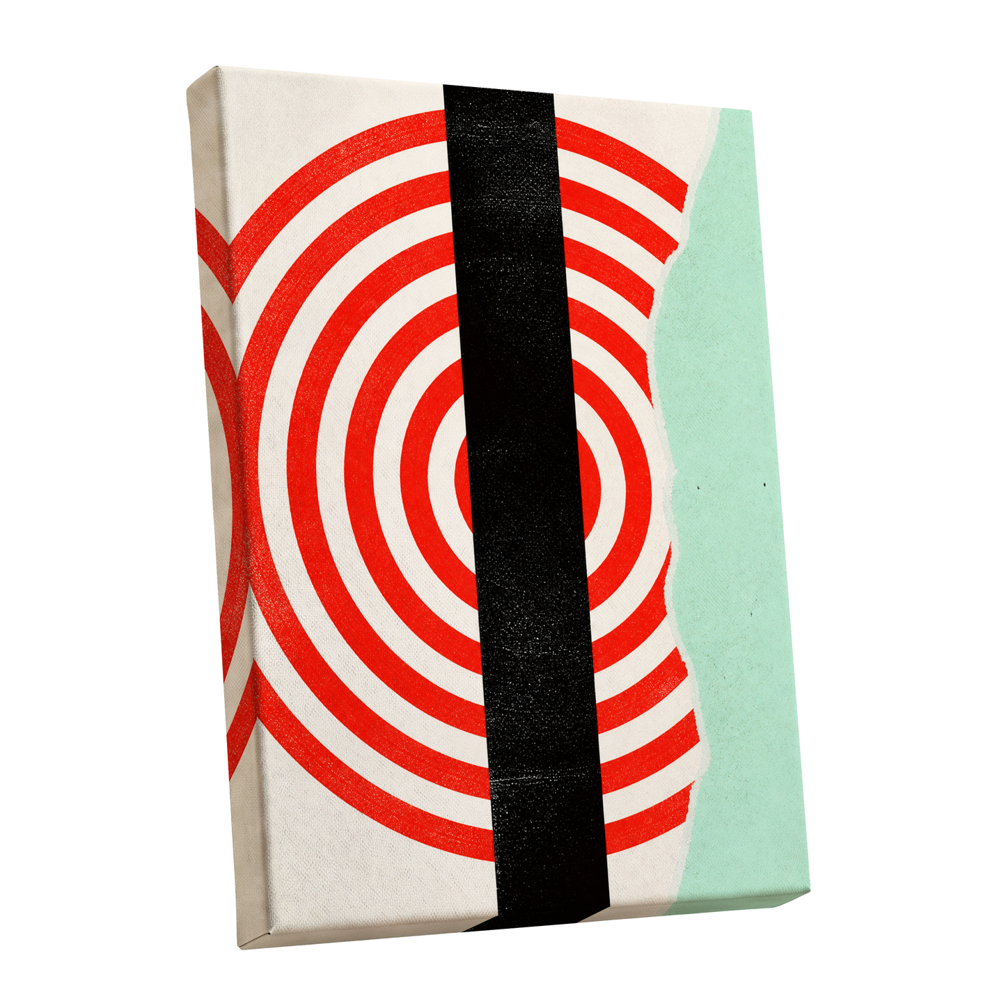 Interrupted Orbit, red, black, green minimalist wall art shown as a stretched canvas wall art
