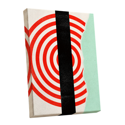 Interrupted Orbit, red, black, green minimalist wall art shown as a stretched canvas wall art