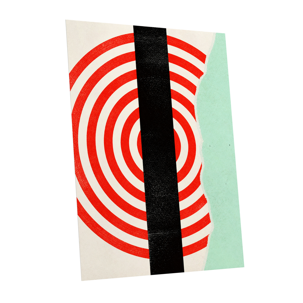 Interrupted Orbit, red, black, green minimalist wall art shown as a unframed poster wall art print