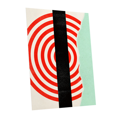 Interrupted Orbit, red, black, green minimalist wall art shown as a unframed poster wall art print