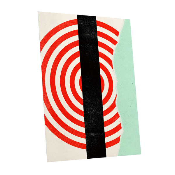 Interrupted Orbit, red, black, green minimalist wall art shown as a unframed poster wall art print