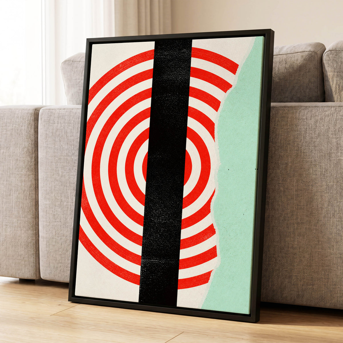 Interrupted Orbit, red, black, green minimalist wall art displayed in a styled interior, gallery view 1