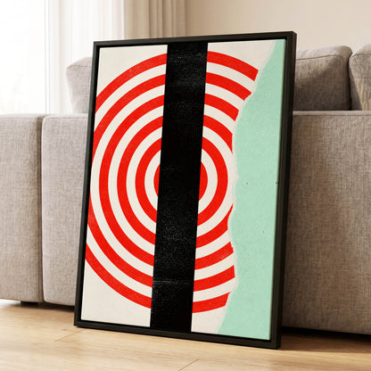 Interrupted Orbit, red, black, green minimalist wall art displayed in a styled interior, gallery view 1
