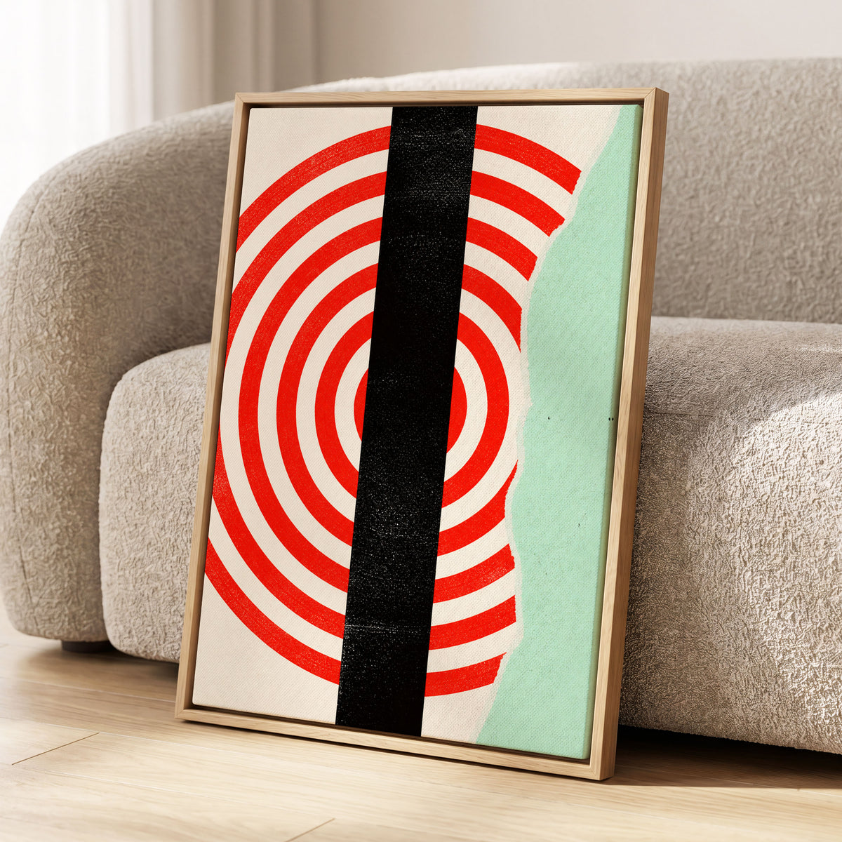Interrupted Orbit, red, black, green minimalist wall art displayed in a styled interior, gallery view 2