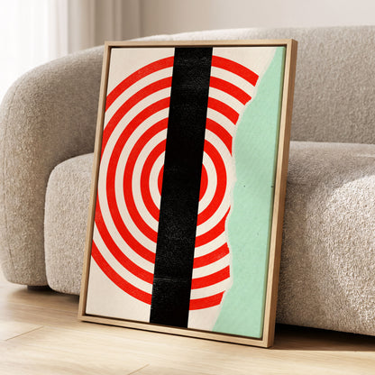 Interrupted Orbit, red, black, green minimalist wall art displayed in a styled interior, gallery view 2