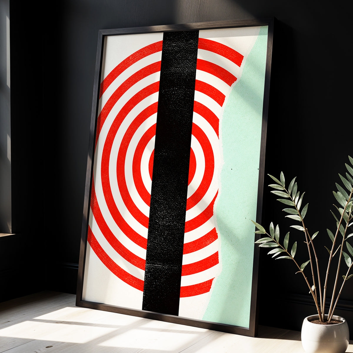 Interrupted Orbit, red, black, green minimalist wall art displayed in a styled interior, gallery view 3