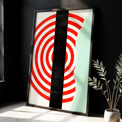 Interrupted Orbit, red, black, green minimalist wall art displayed in a styled interior, gallery view 3