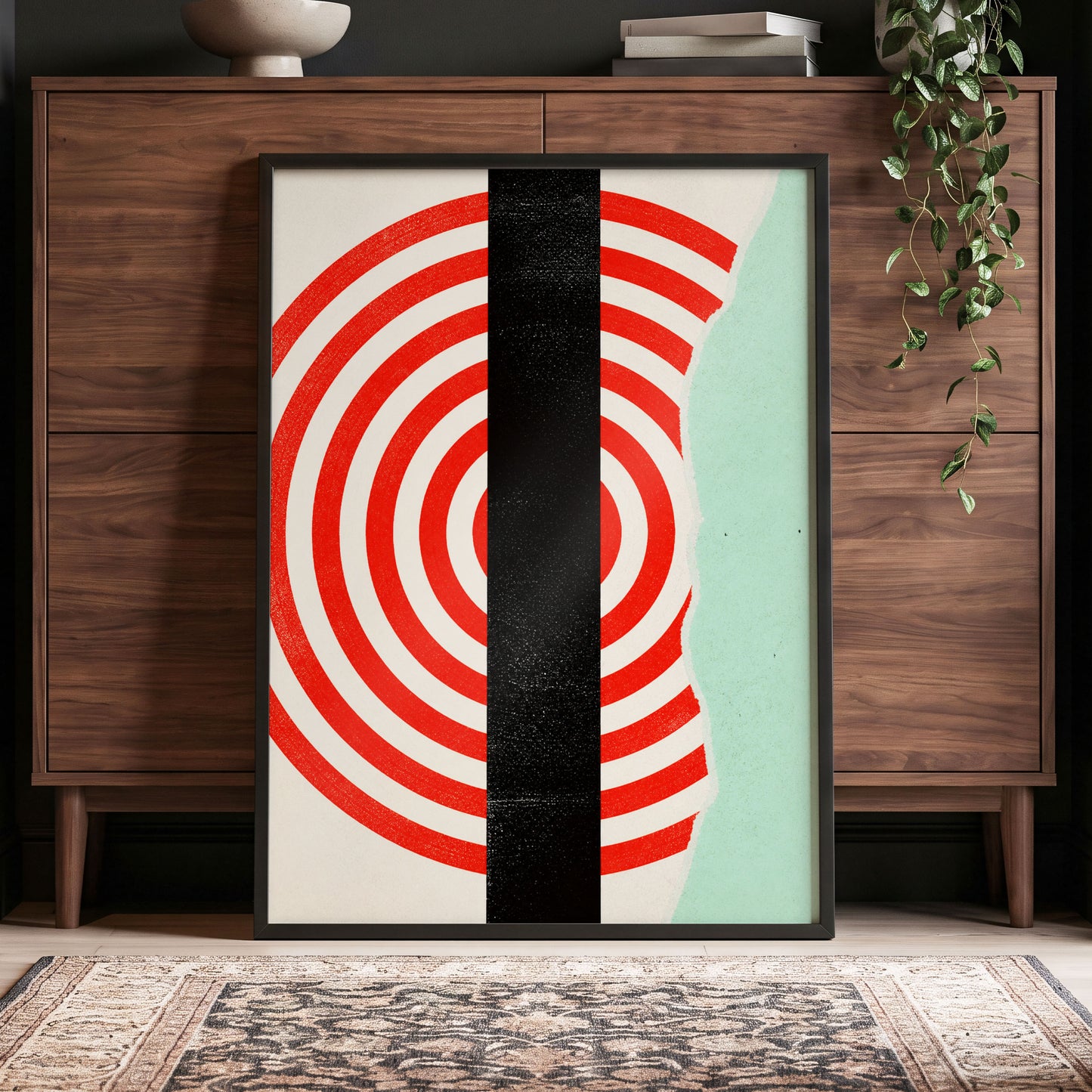 Interrupted Orbit, red, black, green minimalist wall art displayed in a styled interior, gallery view 5