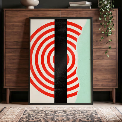 Interrupted Orbit, red, black, green minimalist wall art displayed in a styled interior, gallery view 5