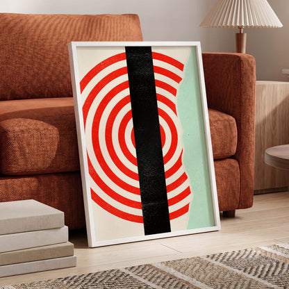 Interrupted Orbit, red, black, green minimalist wall art displayed in a styled interior, gallery view 6