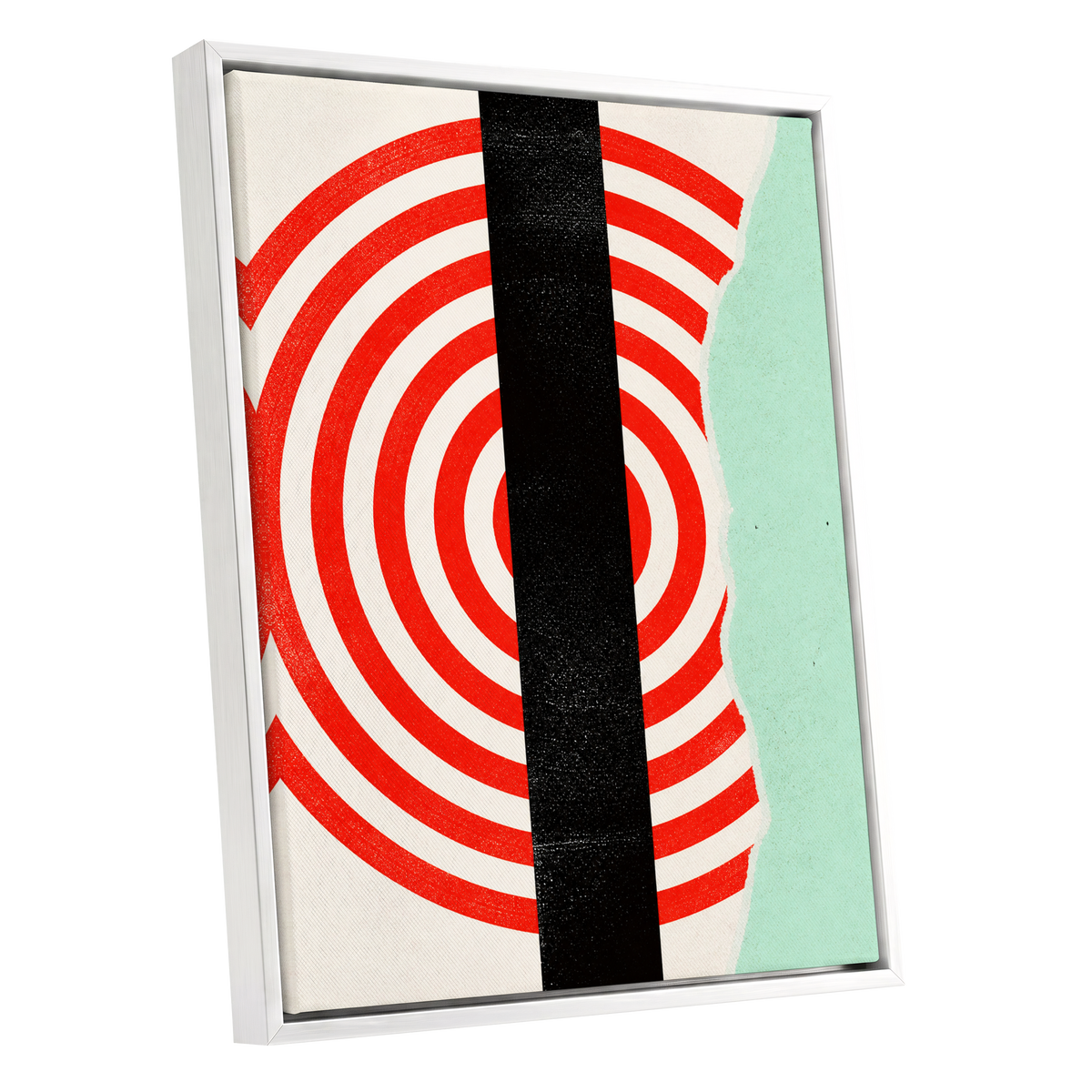 Interrupted Orbit, red, black, green minimalist wall art shown as a white framed canvas wall art