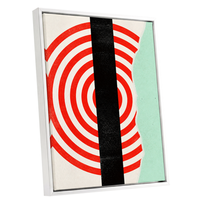 Interrupted Orbit, red, black, green minimalist wall art shown as a white framed canvas wall art