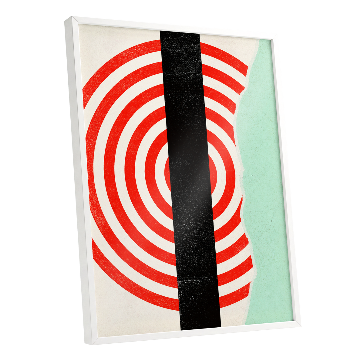 Interrupted Orbit, red, black, green minimalist wall art shown as a white framed poster wall art print