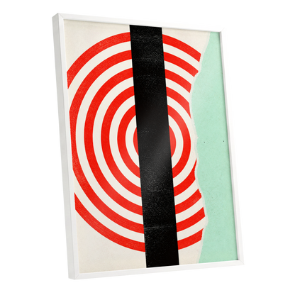 Interrupted Orbit, red, black, green minimalist wall art shown as a white framed poster wall art print