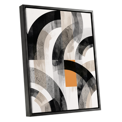 Intersecting Arches, black, beige, gray abstract wall art shown as a black framed canvas wall art