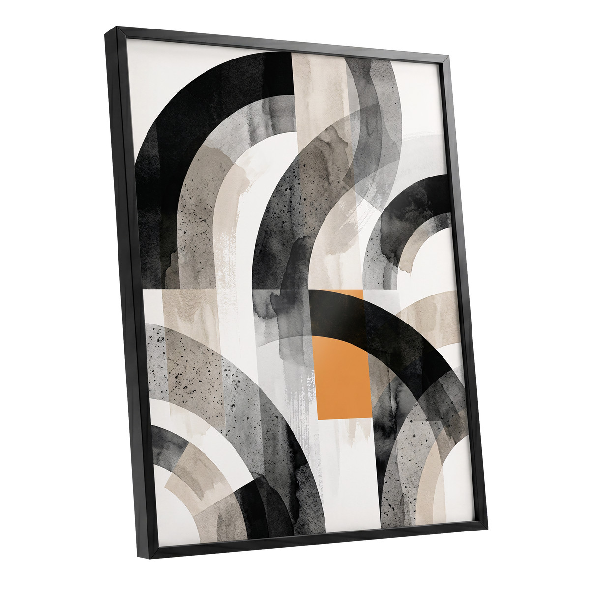 Intersecting Arches, black, beige, gray abstract wall art shown as a black framed poster wall art print