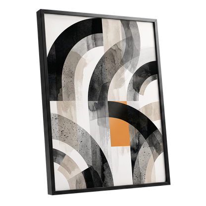 Intersecting Arches, black, beige, gray abstract wall art shown as a black framed poster wall art print