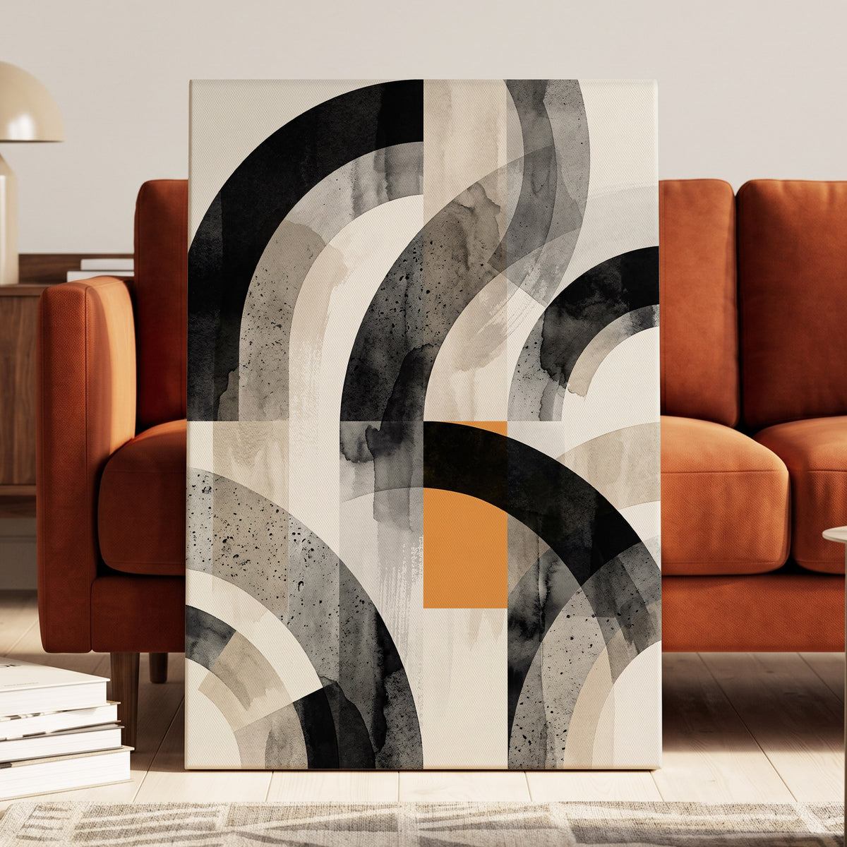 Intersecting Arches, black, beige, gray abstract wall art on canvas displayed in a styled interior, gallery view 1