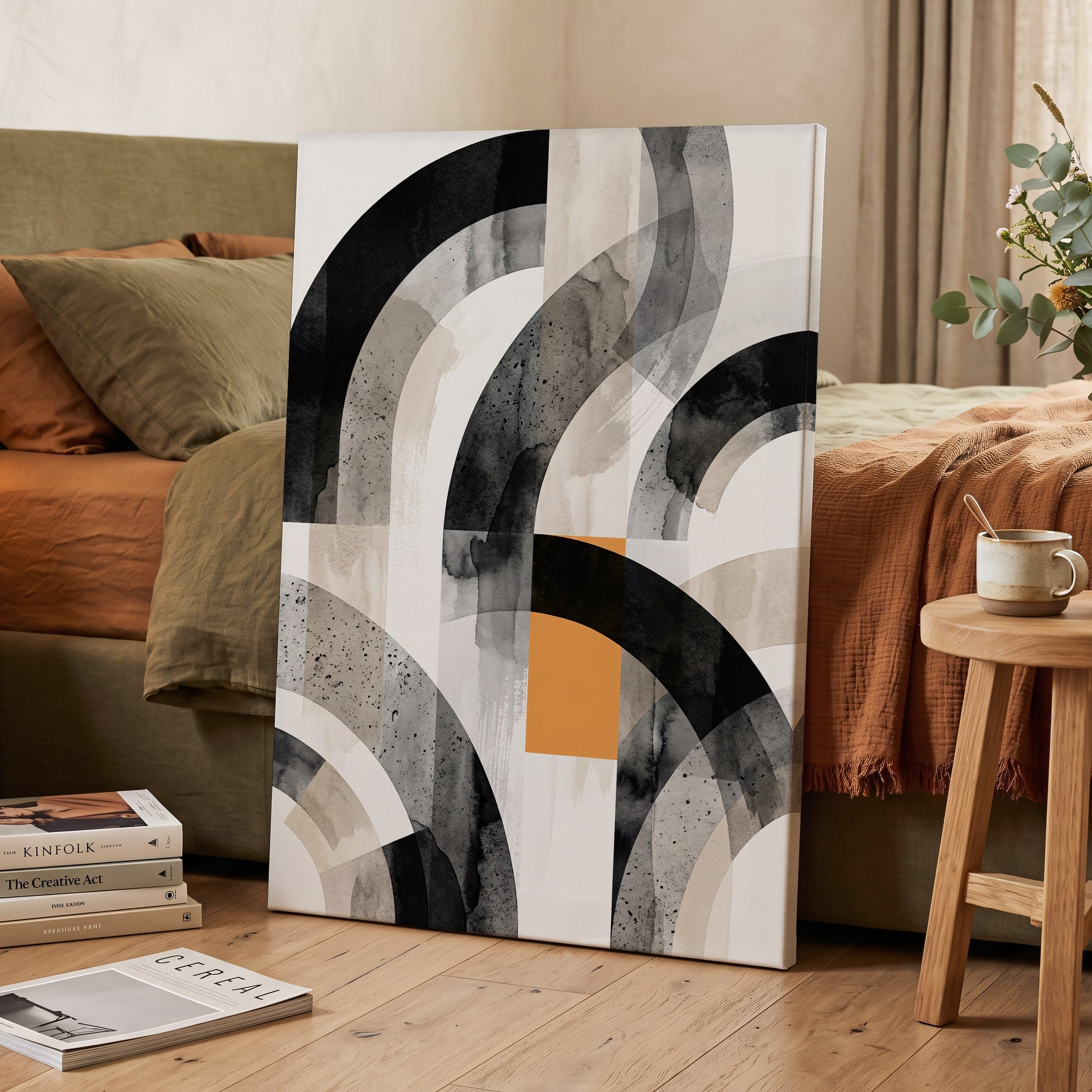 Intersecting Arches, black, beige, gray abstract wall art on canvas displayed in a styled interior, gallery view 2