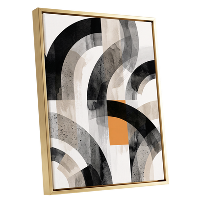 Intersecting Arches, black, beige, gray abstract wall art shown as a gold framed canvas wall art