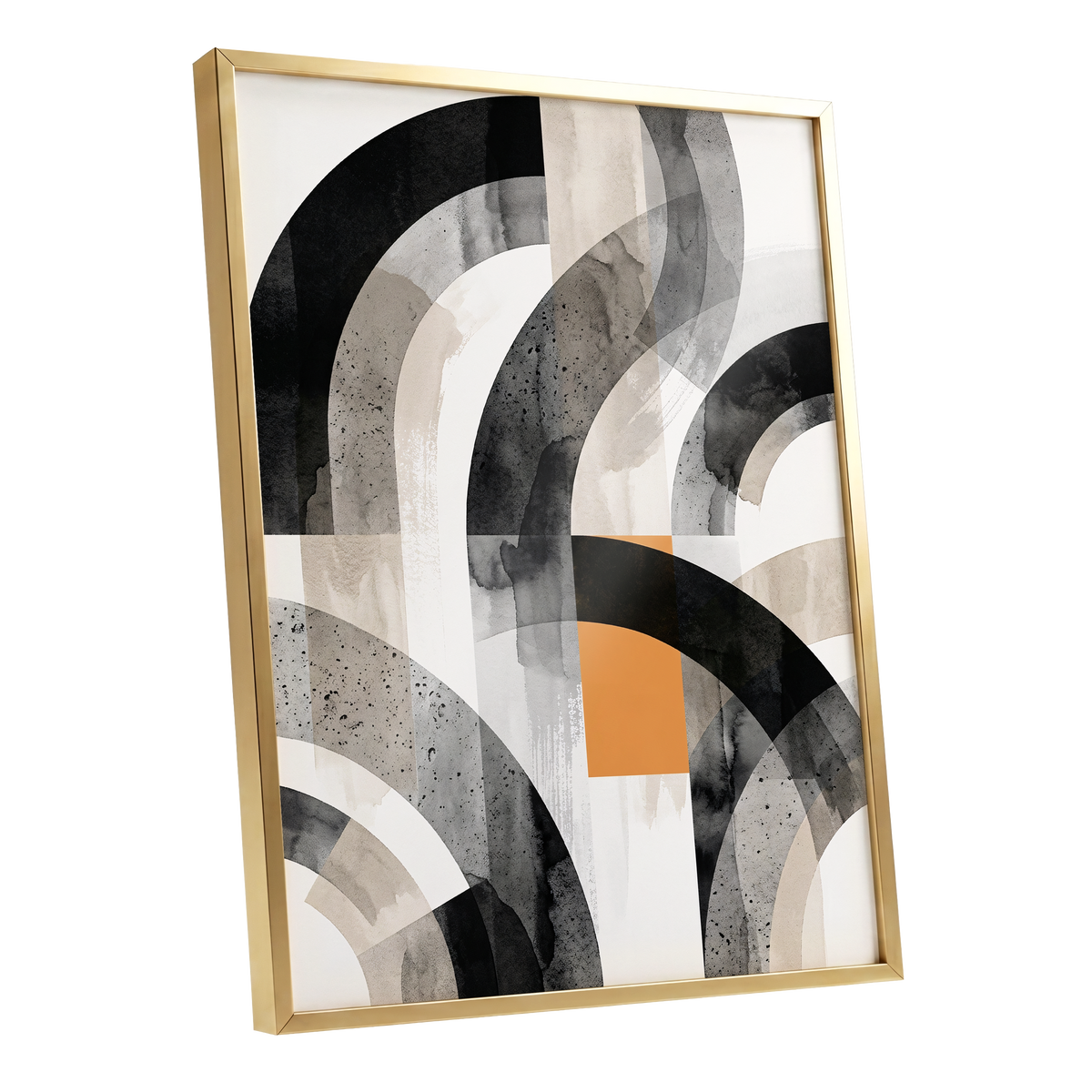 Intersecting Arches, black, beige, gray abstract wall art shown as a gold framed poster wall art print