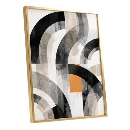 Intersecting Arches, black, beige, gray abstract wall art shown as a gold framed poster wall art print