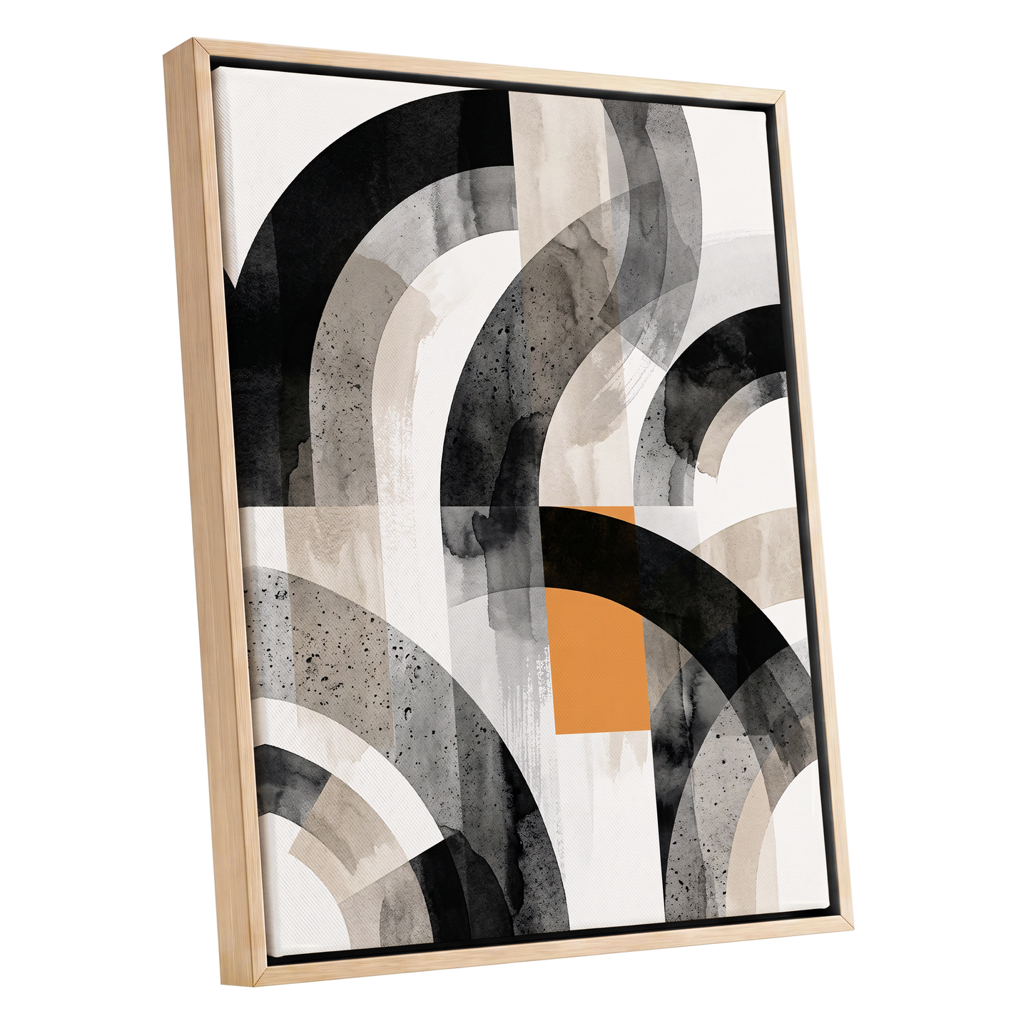 Intersecting Arches, black, beige, gray abstract wall art shown as a oak framed canvas wall art