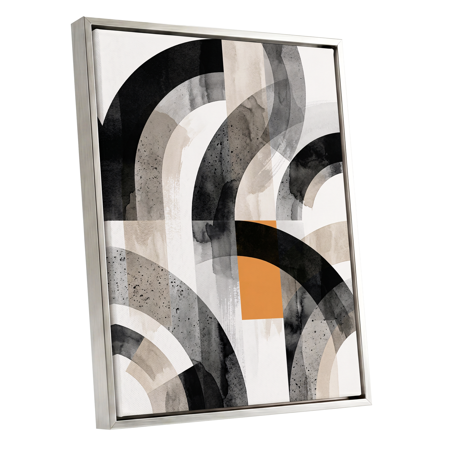 Intersecting Arches, black, beige, gray abstract wall art shown as a silver framed canvas wall art
