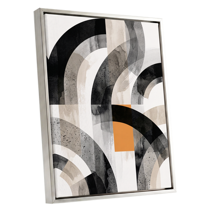 Intersecting Arches, black, beige, gray abstract wall art shown as a silver framed canvas wall art