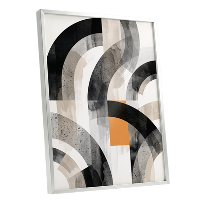 Intersecting Arches, black, beige, gray abstract wall art shown as a silver framed poster wall art print