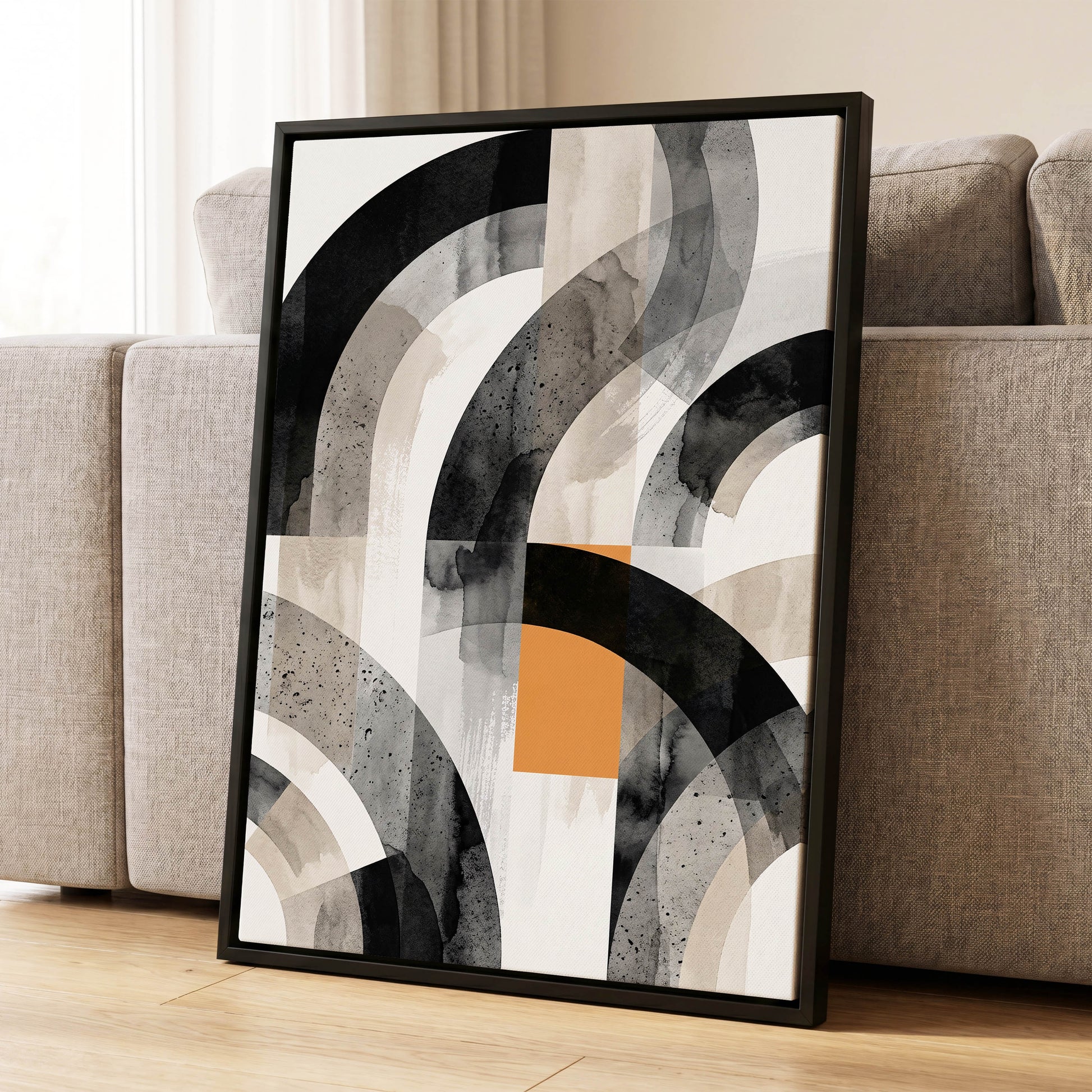 Intersecting Arches, black, beige, gray abstract wall art displayed in a styled interior, gallery view 1