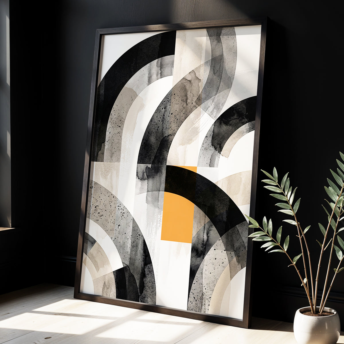 Intersecting Arches, black, beige, gray abstract wall art displayed in a styled interior, gallery view 2
