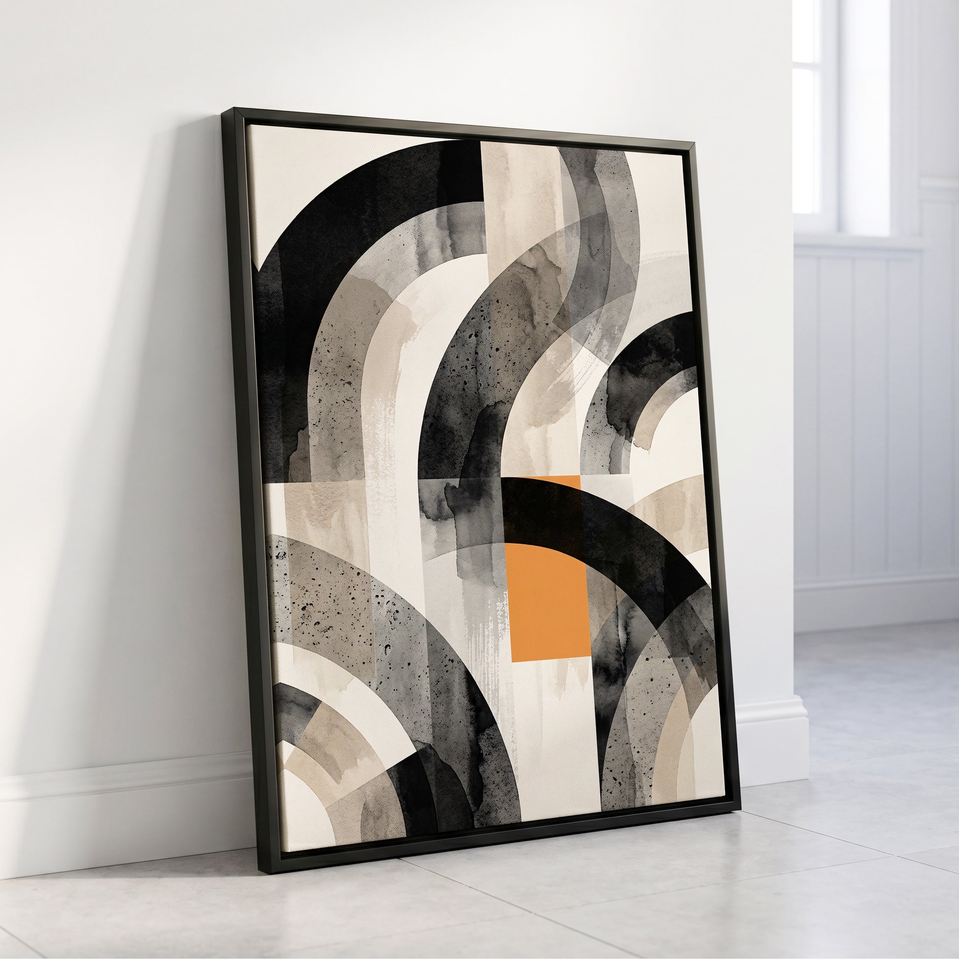 Intersecting Arches, black, beige, gray abstract wall art displayed in a styled interior, gallery view 3