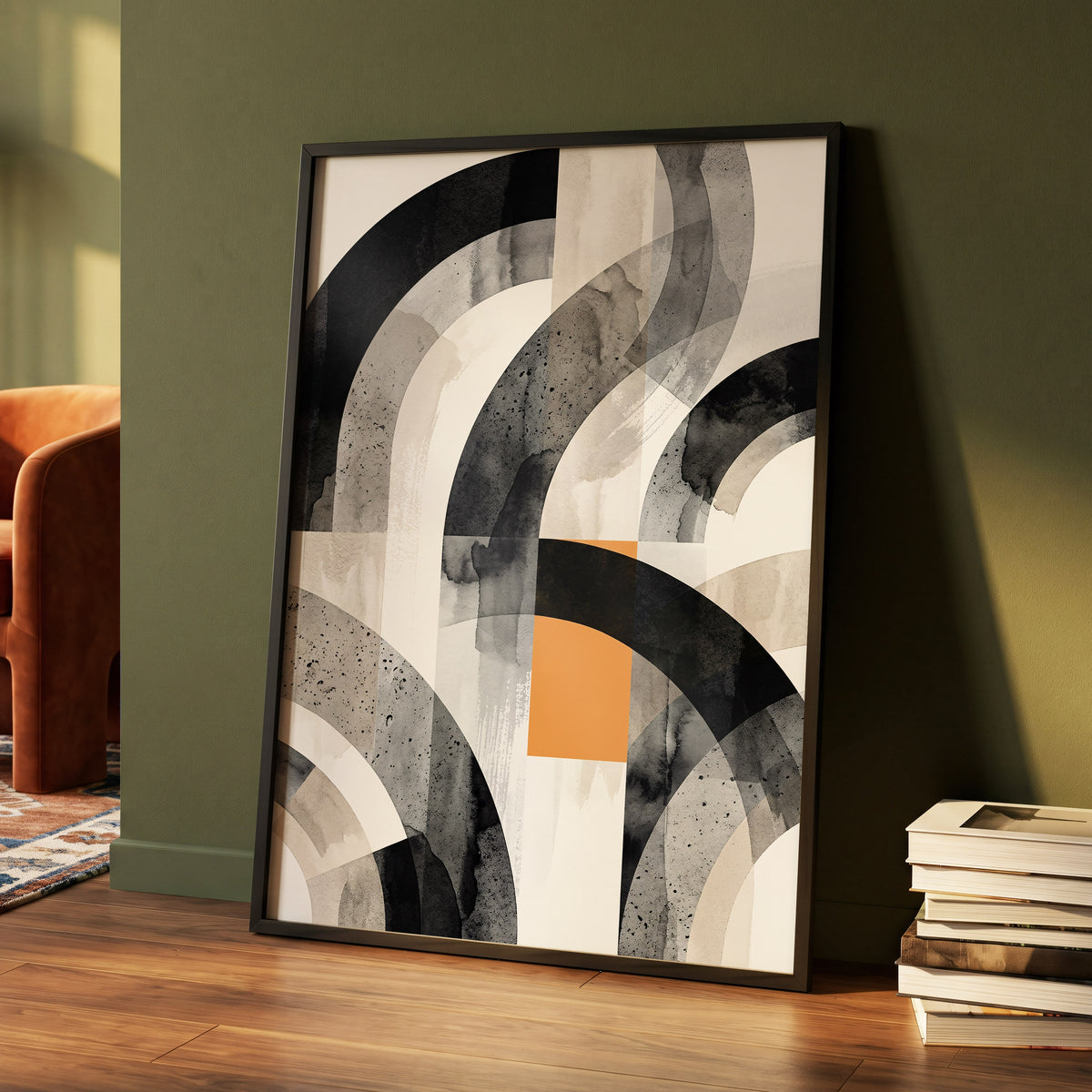 Intersecting Arches, black, beige, gray abstract wall art displayed in a styled interior, gallery view 5