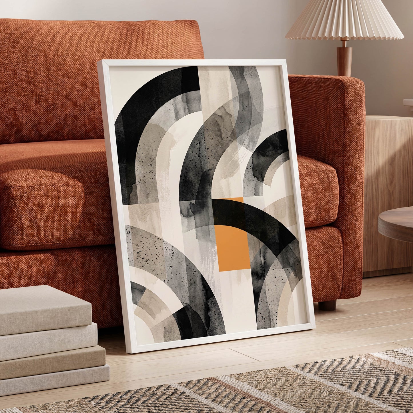 Intersecting Arches, black, beige, gray abstract wall art displayed in a styled interior, gallery view 6