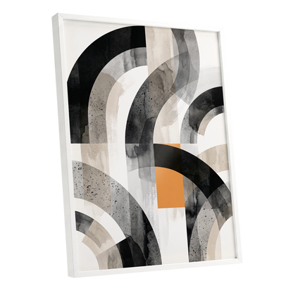 Intersecting Arches, black, beige, gray abstract wall art shown as a white framed poster wall art print