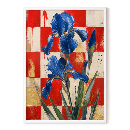 Iris Check Reverie, blue, red, beige floral wall art, front artwork view