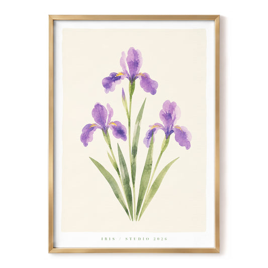 Iris in Quiet Bloom, purple, green, beige floral wall art, front artwork view